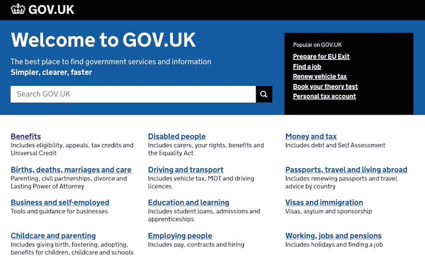 The UK government site - homepage is a page full of links